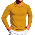 Detail view of yellow men's ribbed long-sleeve polo shirt with buttoned collar - Turmeric