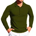 Detail of men's olive green long-sleeve polo shirt featuring a vertical ribbed texture. - Army Green