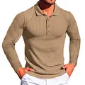 Men's khaki long sleeve polo shirt with vertical ribbed texture and slim fit design - Khaki