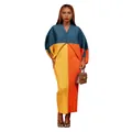 Elegante vestido largo plisado con cuello en V y manga murciélago en verde, amarillo y naranja. - Azul Lago Amarillo Naranja Color Block