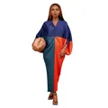 Elegante vestido largo plisado con bloques de color, cuello en V y mangas murciélago - Azul Naranja Color Block