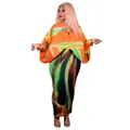 Vestido largo plisado multicolor de verano con cuello en V y modernas mangas murciélago - Base Naranja Degradado Verde