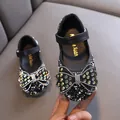 Elegant black girls' princess shoes featuring a sparkling rhinestone bow for dance - 21 / Black
