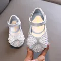 Silver sparkly princess shoes for girls featuring a large bow with pearls and rhinestones - 21 / Silver