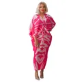 Elegante vestido largo plisado en rosa y blanco con cuello en V y mangas murciélago - Rosa rojo
