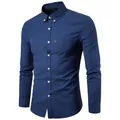 A detailed view of a navy blue long-sleeved Oxford shirt with a slim fit design - Navy Blue