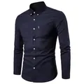 Close-up of navy blue Oxford long-sleeve shirt with button-down collar and chest pocket - 38（M） / Tops / Black
