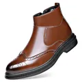 Classic brown men's leather Chelsea boots with brogue carved details and side zipper - 38 / Slip-on Style (2830) / Brown