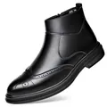 Black men's Brogue Chelsea boots with pointed toe and side zipper in high-quality leather - 38 / Slip-on Style (2839) / Black