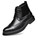 Classic black leather men's brogue ankle boots featuring wingtip carving and zipper - Lace-up Style