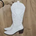 Side view of white mid-calf western boots with embroidery detail and pointed toe - 36 / White