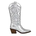 Silver metallic mid-calf cowboy boots featuring western embroidery and pointed toe design. - Silver