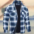 Close-up detail of men's blue plaid flannel shirt jacket with warm quilted lining texture - S / Tops / Sky Blue Plaid