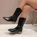 Women's black embroidered mid-calf western boots with pointed toe and chunky heel - 36 / Black