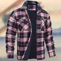 Detail view of men's red plaid jacket with quilted lining and metal buttons. - S / Tops / Wine Red Plaid