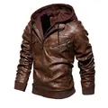 Veste en cuir PU marron pour homme avec capuche, blouson motard d'automne hiver - M / Haut (Doublé de polaire) / Taille CN / Café