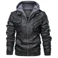 Classic black men's faux leather biker jacket featuring a grey fleece hood and multi-zipper design - S / Black Non-Fleece (YM2907) / US Size