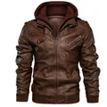 Men's brown hooded faux leather jacket with fleece lining and zipper pockets - S / Brown Non-Fleece (YM2907) / US Size