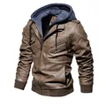 Premium men's brown PU leather jacket with grey hooded fake two-piece layered look - M / Fleece Lined Khaki (CL2907) / CN Size