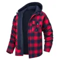 Men's red and blue plaid hooded jacket with quilted lining and detachable hood - S / Tops / Black and Red Plaid