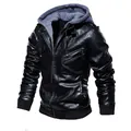 Veste homme en simili cuir noir avec capuche grise, manteau d'hiver doublé polaire - M / Haut (Doublé de polaire) / Taille CN / Noir