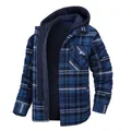 Men's blue plaid hooded jacket featuring quilted lining and a detachable hood for warmth - S / Tops / Navy Plaid