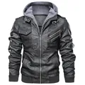 Men's stylish black faux leather hooded jacket featuring multiple zippers and ribbed cuffs - S / Dark Gray Non-Fleece (CL2907) / US Size