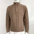 Close-up detail of brown cable-knit texture and buttoned high neck on men's sweater - M / Tops / Coffee