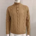 Close-up of men's tan cable knit high neck sweater with three-button collar detail - M / Tops / Khaki
