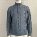 Dettaglio maglione uomo blu in maglia a trecce con collo alto e bottoni decorativi. - Blu