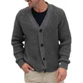Close-up of men's grey chunky knit cardigan featuring single-breasted buttons and v-neck - M / Tops / Dark Gray