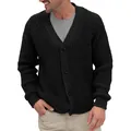 Men's solid black chunky knit cardigan with single-breasted button closure - M / Tops / Black