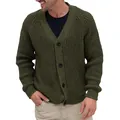 Detail view of men's olive green chunky knit cardigan with single-breasted black buttons - M / Tops / Army Green