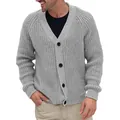 Detailed view of men's grey single-breasted knit cardigan with thick texture - M / Tops / Gray