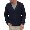 Detailed shot of men's navy blue chunky knit cardigan with button closure - Navy Blue