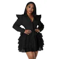 Detailed view of black plus size tiered ruffle cake dress with structured shoulders - Black