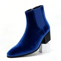 Detail view of a stylish blue velvet Chelsea boot for men with a solid black block heel - 40 / Blue Velvet