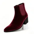 Men's velvet high heel Chelsea boots with square toe in burgundy wine red color - 40 / Burgundy Suede