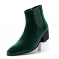 Side view of emerald green velvet Chelsea boots for men featuring high block heels - 40 / Green Velvet