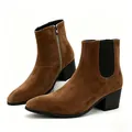 Detailed view of brown suede men's high heel Chelsea boots with square toe. - 40 / Brown Suede Spliced