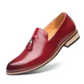Elegant burgundy leather tassel loafers for men with stylish low wooden heel detail - Red