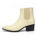 Men's stylish cream Chelsea boots featuring small square toe and black block heel - 40 / Milky White