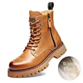 Bruine leren Martin boots voor heren met warme winter fleece voering en rits - 38 / Geel Fleece Gevoerd