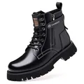 Zwarte leren Martin-boots voor heren met dikke zool en zijrits - 38 / 10010 Stijl / Zwart Gevoerd met Fleece