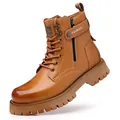 Heren bruine leren Martin laars met zijrits en een stevige duurzame dikke profielzool - 38 / 10010 Stijl / Geel Fleece Gevoerd
