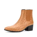 Men's tan ostrich embossed leather Chelsea boots with stylish block heel and square toe - 40 / Tan Ostrich Texture