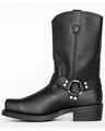 Detailed side view of a classic black leather motorcycle harness boot with metal O-ring. - 7 / Black