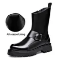 Men's stylish black leather motorcycle boots with buckle detail and thick anti-slip lug sole - 38 / Black Solid Shoes