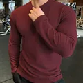 Men's burgundy waffle knit long sleeve crew neck sweater for autumn and winter fashion - 3XL / Tops / Red