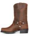 Side profile view of a brown leather harness boot with silver-tone ring and studs. - 7 / Yellow Brown
